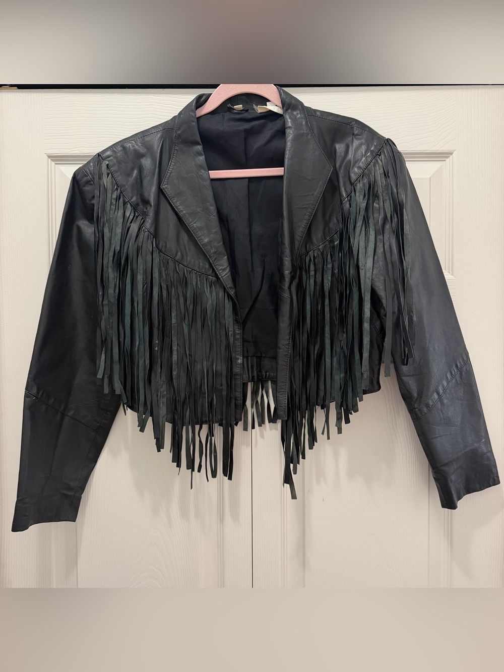 Vtg 80s Cropped Black Leather Fringe Western Jacket